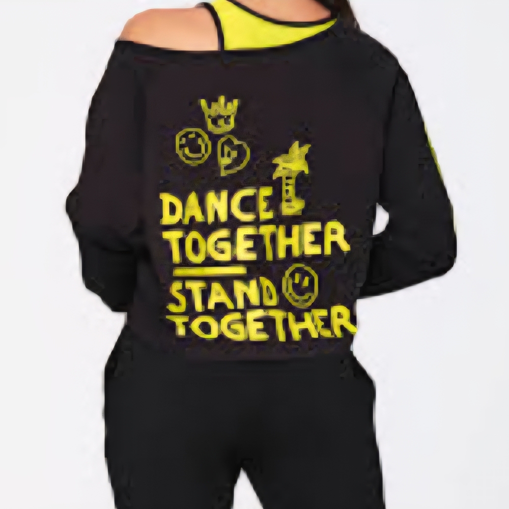 Zumba Fitness Black Cropped Off-Shoulder Sweatshirt with Neon Yellow Graphics - Picture 2 of 4